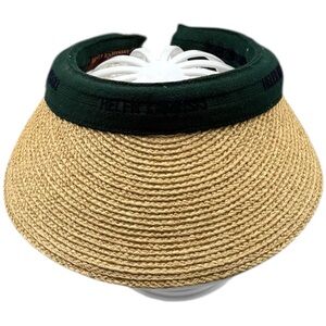 Helen Kaminski Raffia Straw Visor Natural Green Velvet Band Logo Sun Hat